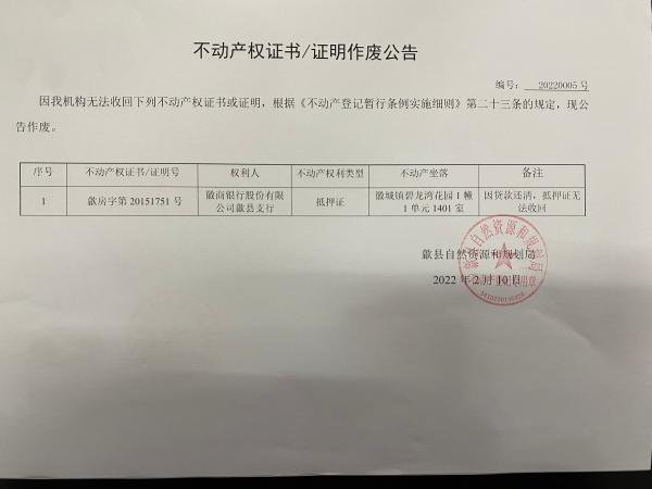 作废公告（徽商银行股份有限公司歙县支行）